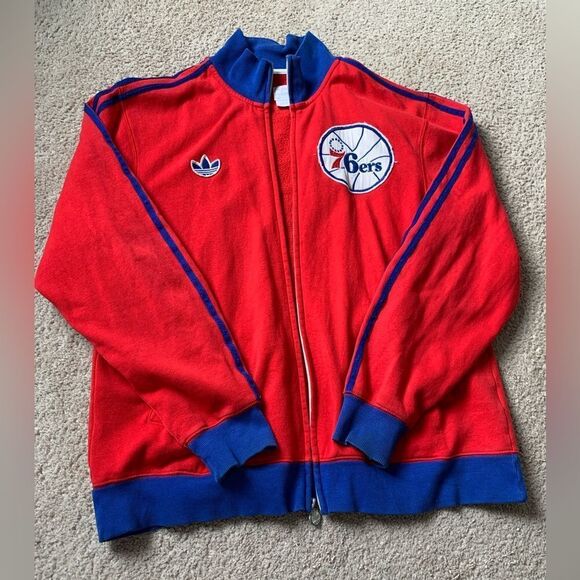 VTG Adidas Philadelphia Sixers Stitched Red Blue Zip Up Sweatshirt Jacket Size L - Picture 1 of 9